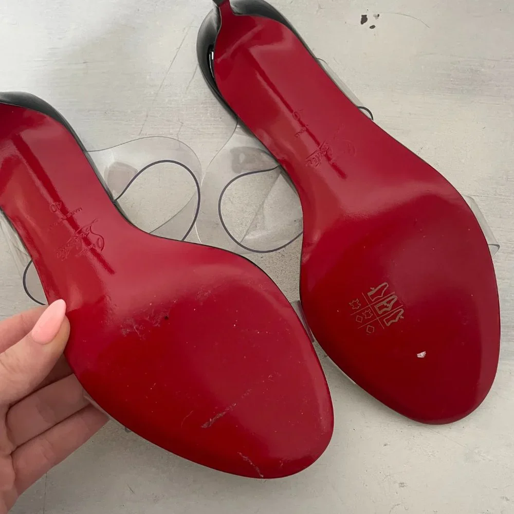 ❌SOLD❌Christian Louboutin Just Nothing 85 Slide Sandals Patent Leather PVC Mule - Picture 3 of 12